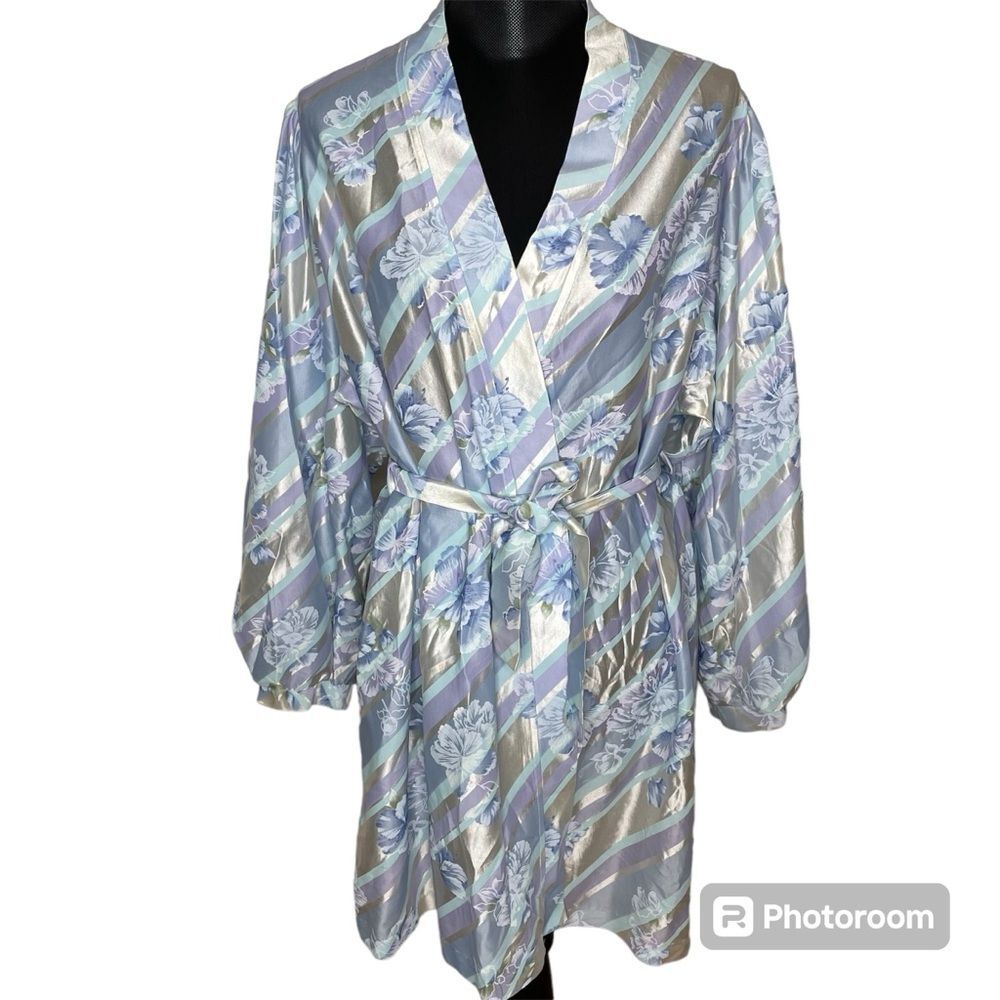 Vintage Say Lu Robe Floral Pattern Short Satin Silky USA Blue White Size Large